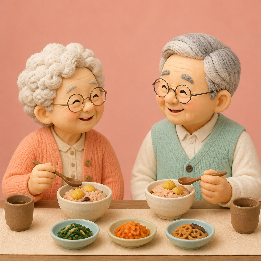 식탁에 밤밥 두 공기를 놓고 마주 앉은 할머니와 할아버지
