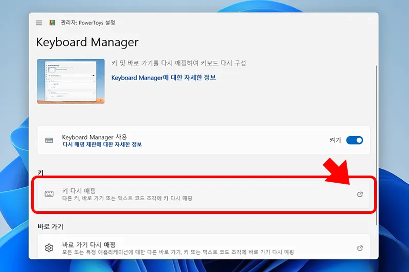 caps lock키를 다시 맵핑하려면 "키 다시 매핑"을 누르면 된다.