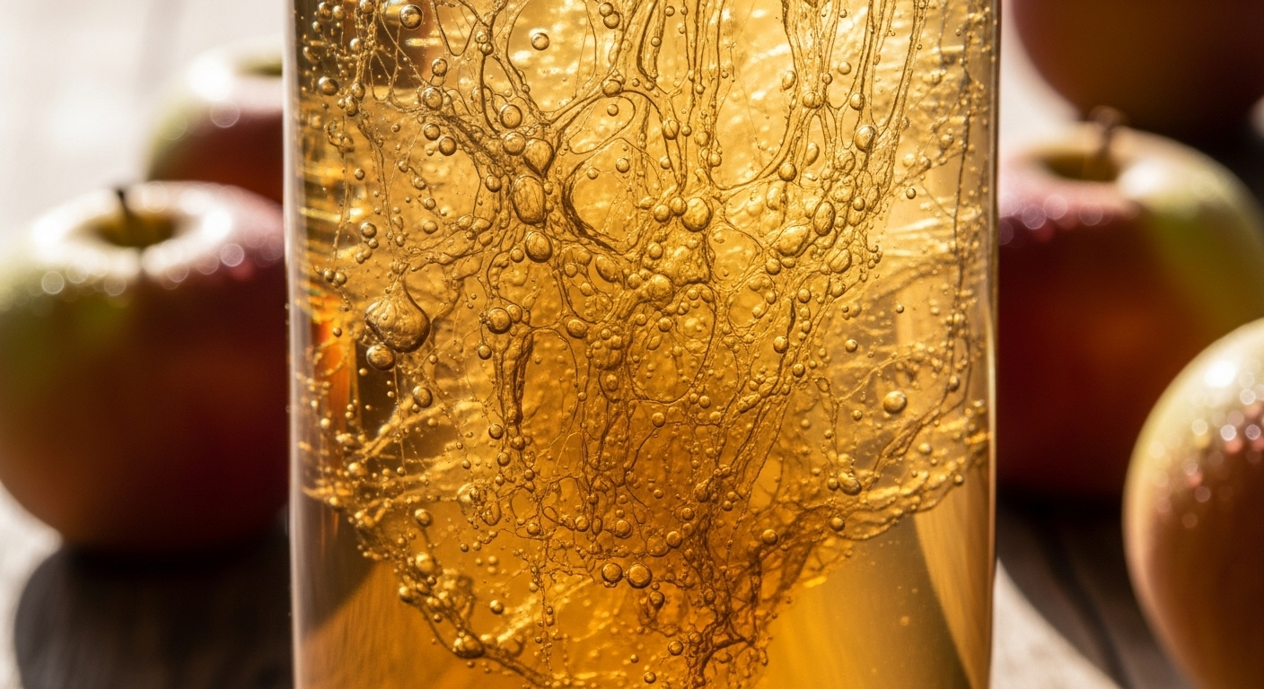 애사비 병 안에 떠 있는 초모(The Mother)의 거미줄 같은 구조 클로즈업. 유익균과 효소가 살아있는 비정제 애사비를 상징합니다.