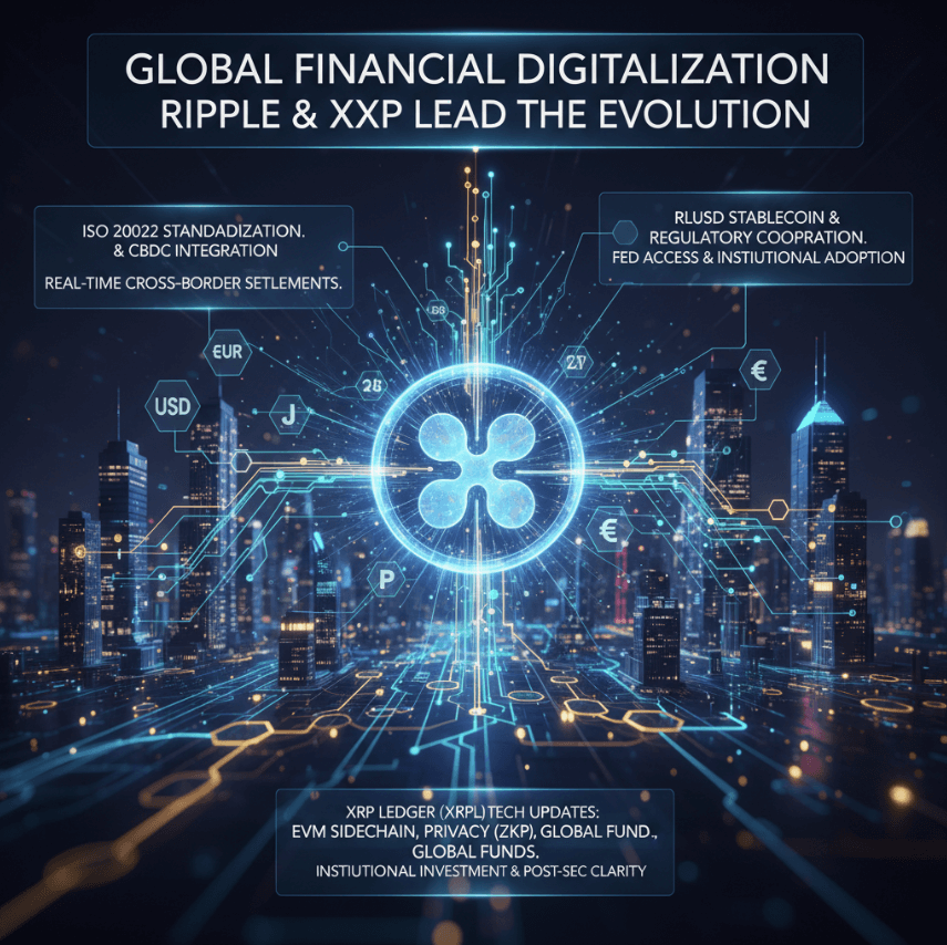 리플 로고와 글로벌 금융 디지털화를 나타내는 미래 도시 풍경