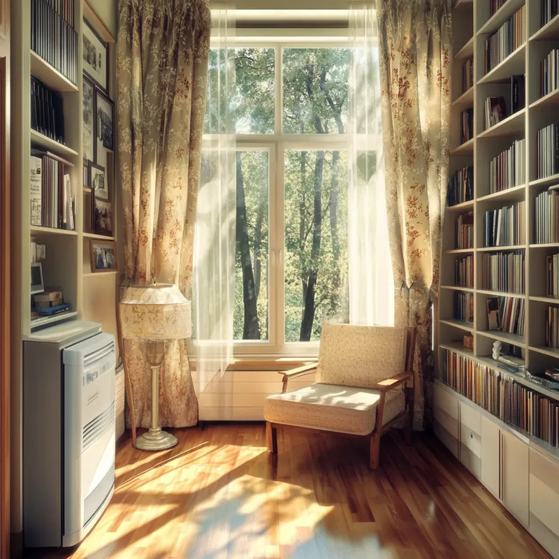 무풍 에어컨 덕분에 편안하게 쉴 수 있는 가족 거실. 모던한 라이프 스타일과 스칸디나비안 디자인을 반영하며 따뜻한 햇살이 드는 평화로운 공간.