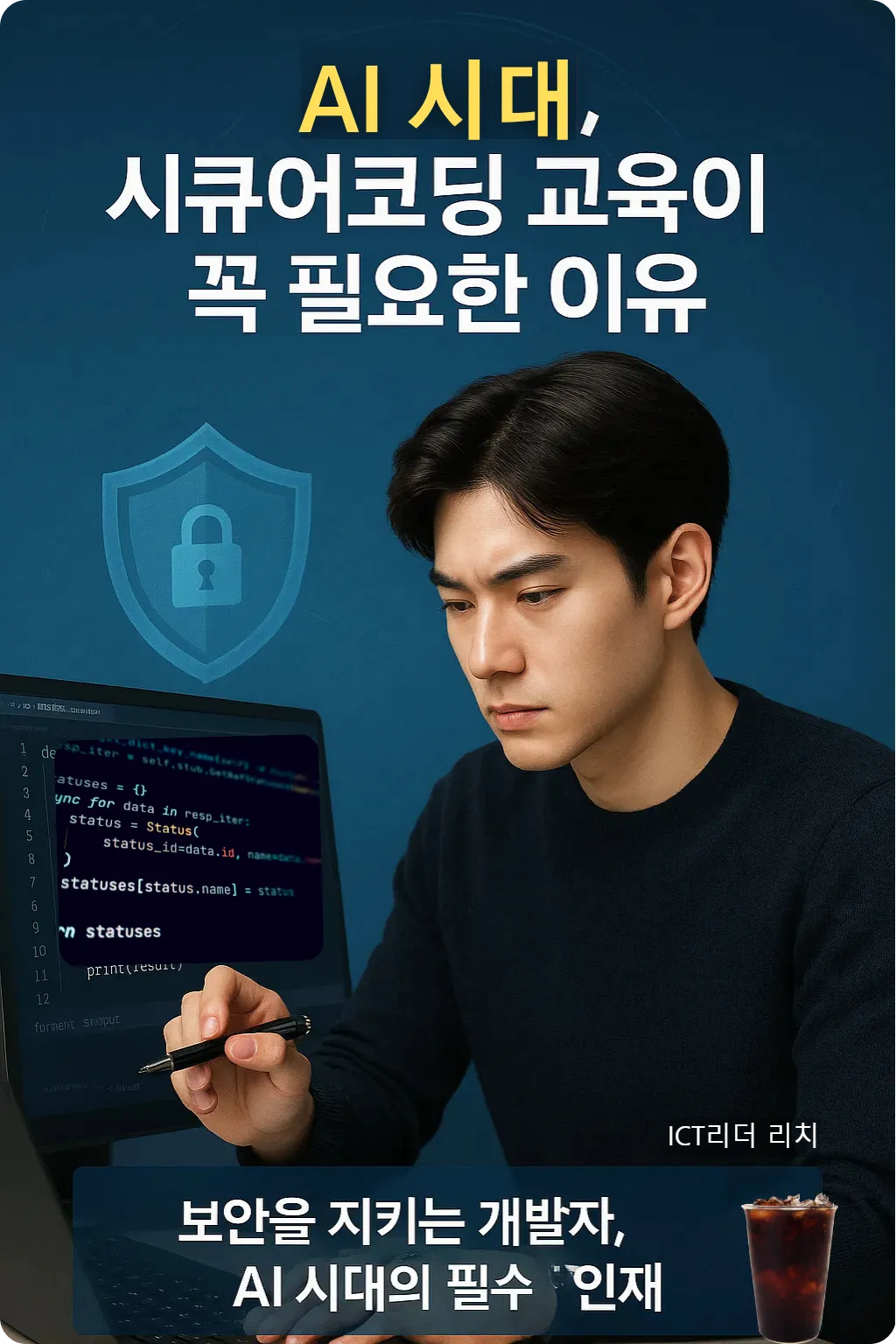 코드를 진지하게 검토 중인 남성 개발자와 'AI 시대, 시큐어코딩 교육이 꼭 필요한 이유' 텍스트 인포그래픽