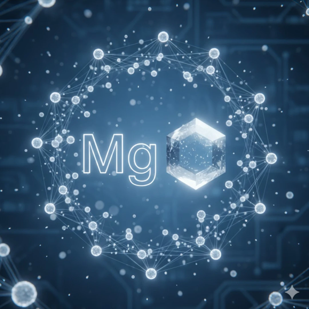은은하게 빛나는 마그네슘(Mg) 원자 기호 또는 육각형 모양의 미네랄 결정체 이미지를 중앙에 배치합니다. 그 주변으로는 인체 내부의 세포나 작은 에너지 입자 같은 추상적인 요소들이 떠다니는 배경을 연출하여&amp;#44; 마그네슘이 우리 몸의 근본적인 부분에서 중요한 역할을 한다는 느낌을 줍니다. 푸른색&amp;#44; 은색&amp;#44; 흰색 계열의 깨끗하고 과학적인 느낌의 색감을 사용합니다. 