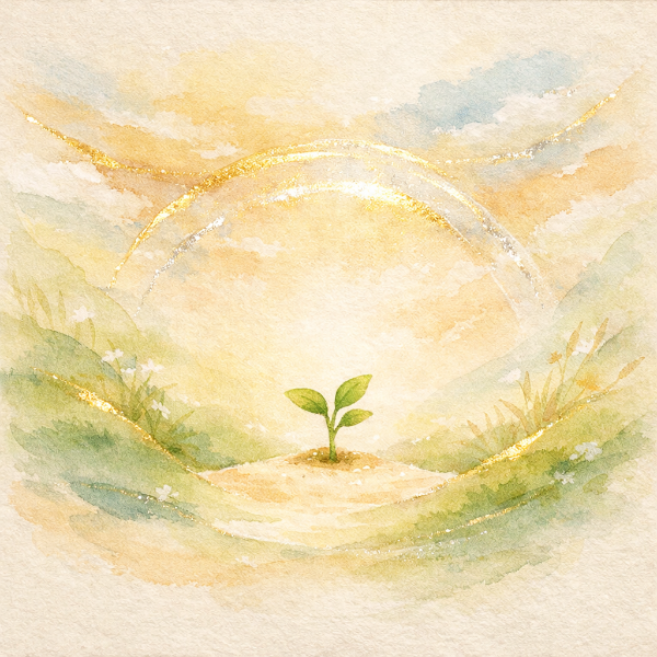 부드러운 빛에 감싸인 새싹이 안정적으로 자라고 있는 동양 수채화 일러스트