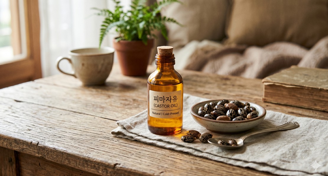 갈색 유리병에 담긴 황금빛 피마자유와 아주까리 씨앗이 놓인 감성적인 테이블 사진