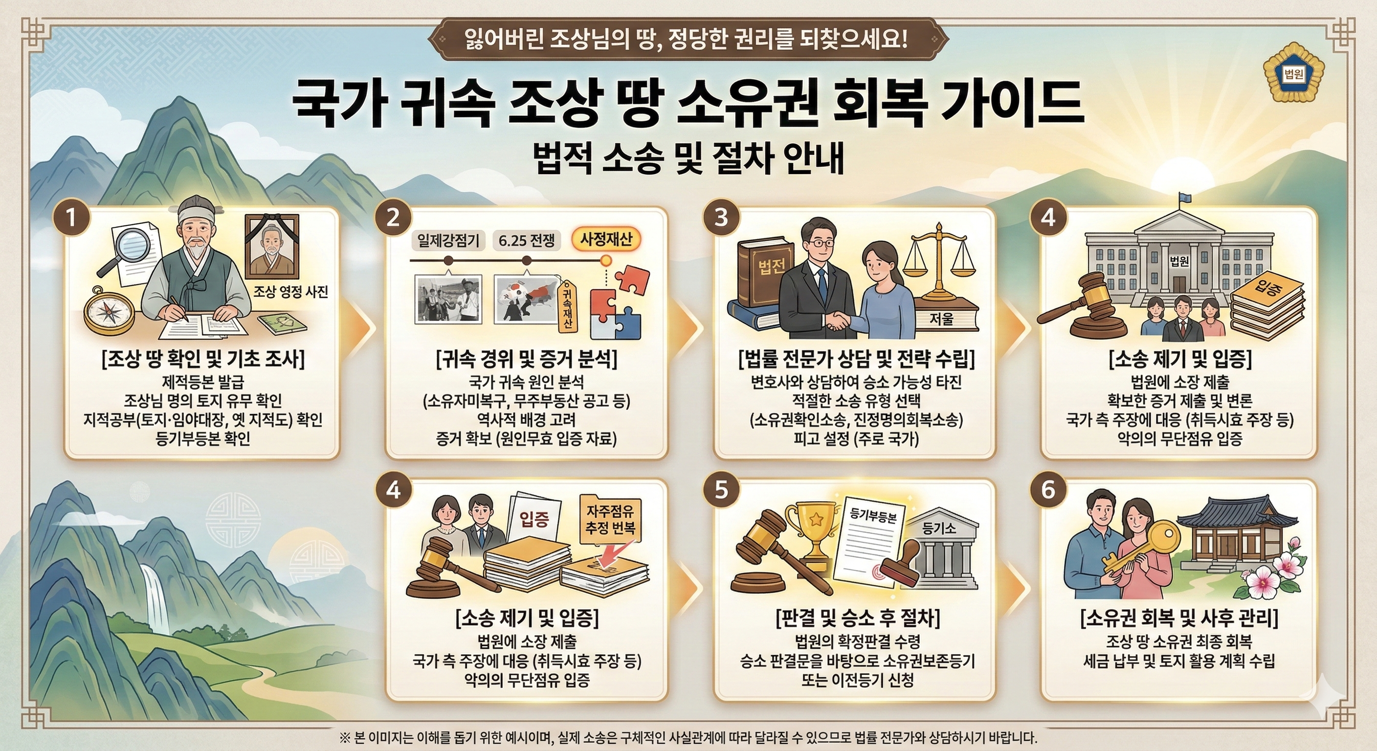 국가로 귀속된 조상 땅의 소유권을 되찾기 위한 법적 소송 및 절차 안내 이미지