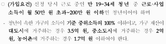 청년 내일 저축 계좌 연령, 소득, 재산