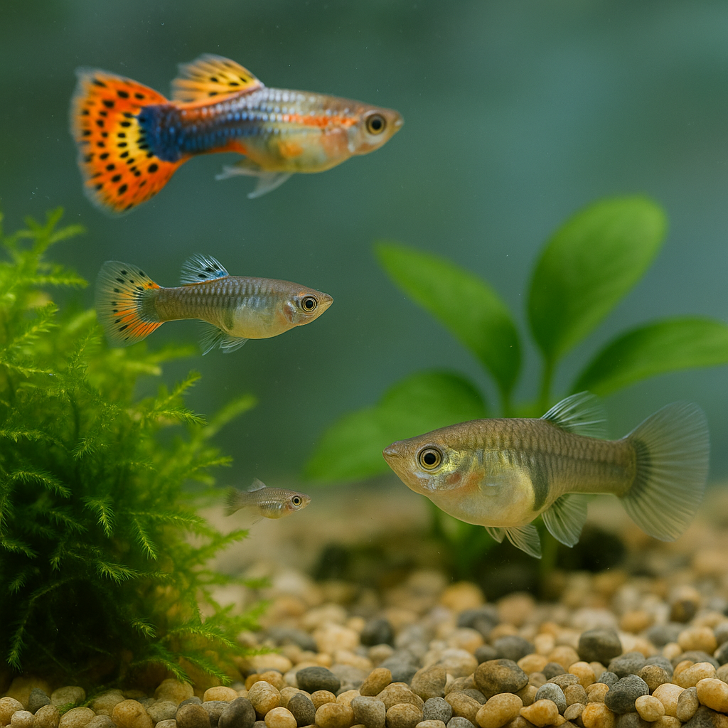 모스와 수초가 있는 깨끗한 가정용 어항에서 신생 치어, 유어, 성어(화려한 수컷과 임신한 암컷)가 함께 유영하는 실제 사진 느낌의 장면