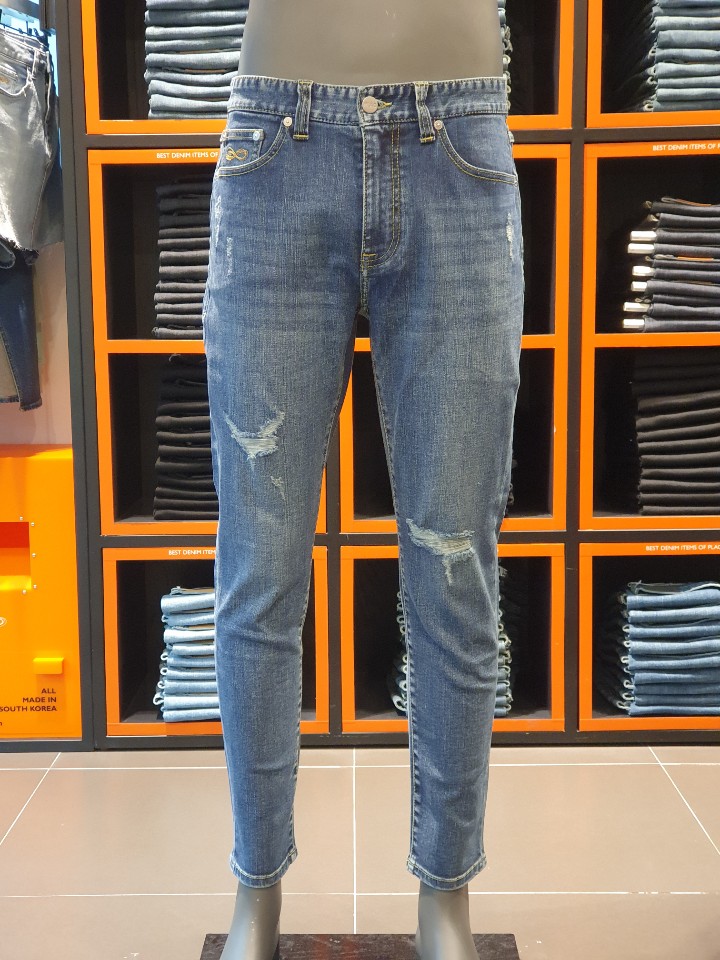 플랙진 PLAC 남성 미드인디고 슬림 크롭 노이커츠 청바지 PJTZ5NKM095