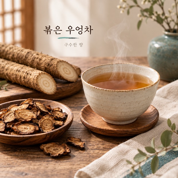 볶기 전 우엉과 볶은 우엉, 따뜻한 우엉차를 함께 보여주는 정보형 이미지