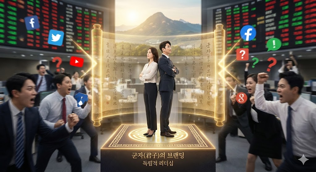"혼란스러운 현대적 사무실과 주식 시장 전광판을 배경으로, 수많은 SNS 아이콘(페이스북, 트위터, 유튜브)과 소음 속에서도 흔들리지 않고 당당하게 서 있는 남녀 리더의 모습. 두 인물은 황금빛으로 빛나는 논어 죽간(Classic Scroll)의 보호를 받으며 평온한 표정으로 정면을 응시하고 있다. 하단 기단석에는 '군자(君子)의 브랜딩 - 독립적 리더십'이라는 문구가 금색으로 각인되어 있어, 외부의 평가에 휘둘리지 않는 주도적인 리더의 이미지를 상징함."