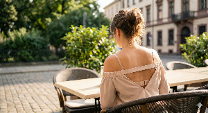 카페 테라스에 앉아 브래지어 끈이 보이는 옷을 입은 여성의 뒷모습&amp;#44; 브래지어 라인 살 옷맵시 고민
