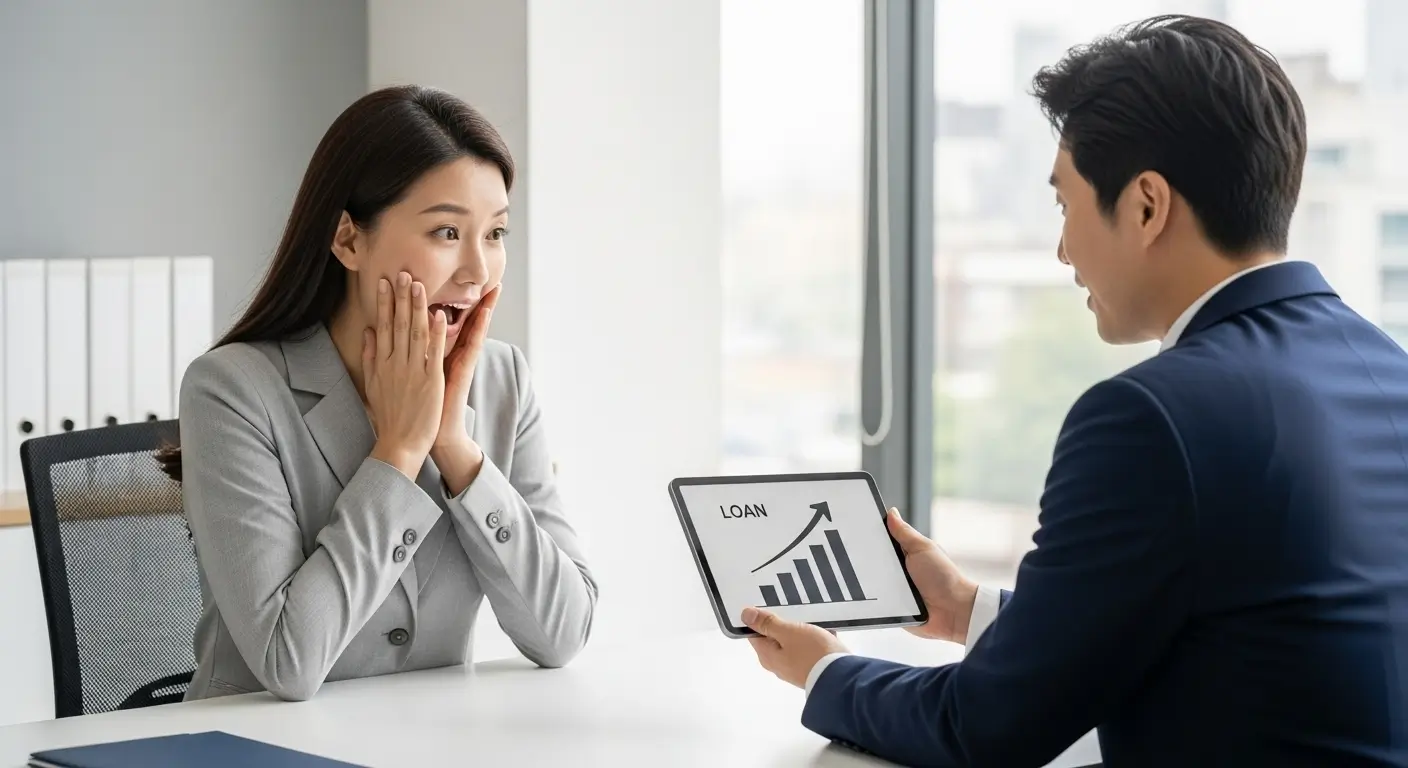 한 한국인 개인사업자가 'DSR 초과자 전문 상담사'와 11 상담을 통해, 자신의 주택으로 받을 수 있는 최대 한도를 확인하고 안도하는 모습