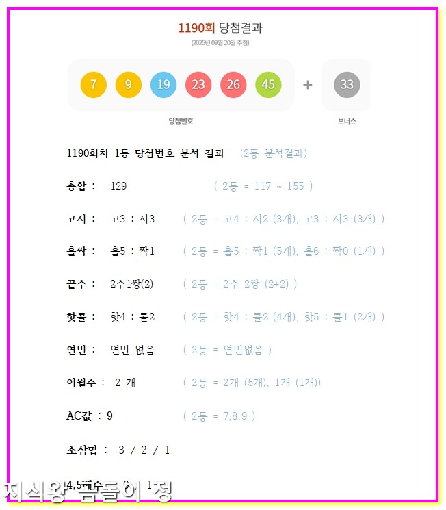 로또 1191회차 동일끝수 3분할 홀짝으로 빠르게 압축1