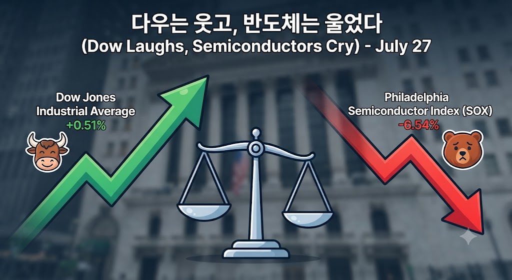 간밤 미국 증시의 핵심 상황을 직관적인 인포그래픽으로 표현했습니다. 상승장을 의미하는 녹색 화살표의 '다우존스'와 하락장을 의미하는 붉은색 화살표의 '필라델피아 반도체 지수(SOX)'가 극명하게 대비됩니다. 배경에는 뉴욕 증권 거래소 건물이 보이며, 전체적으로 '혼조세(Mixed Market)'의 분위기를 풍깁니다.