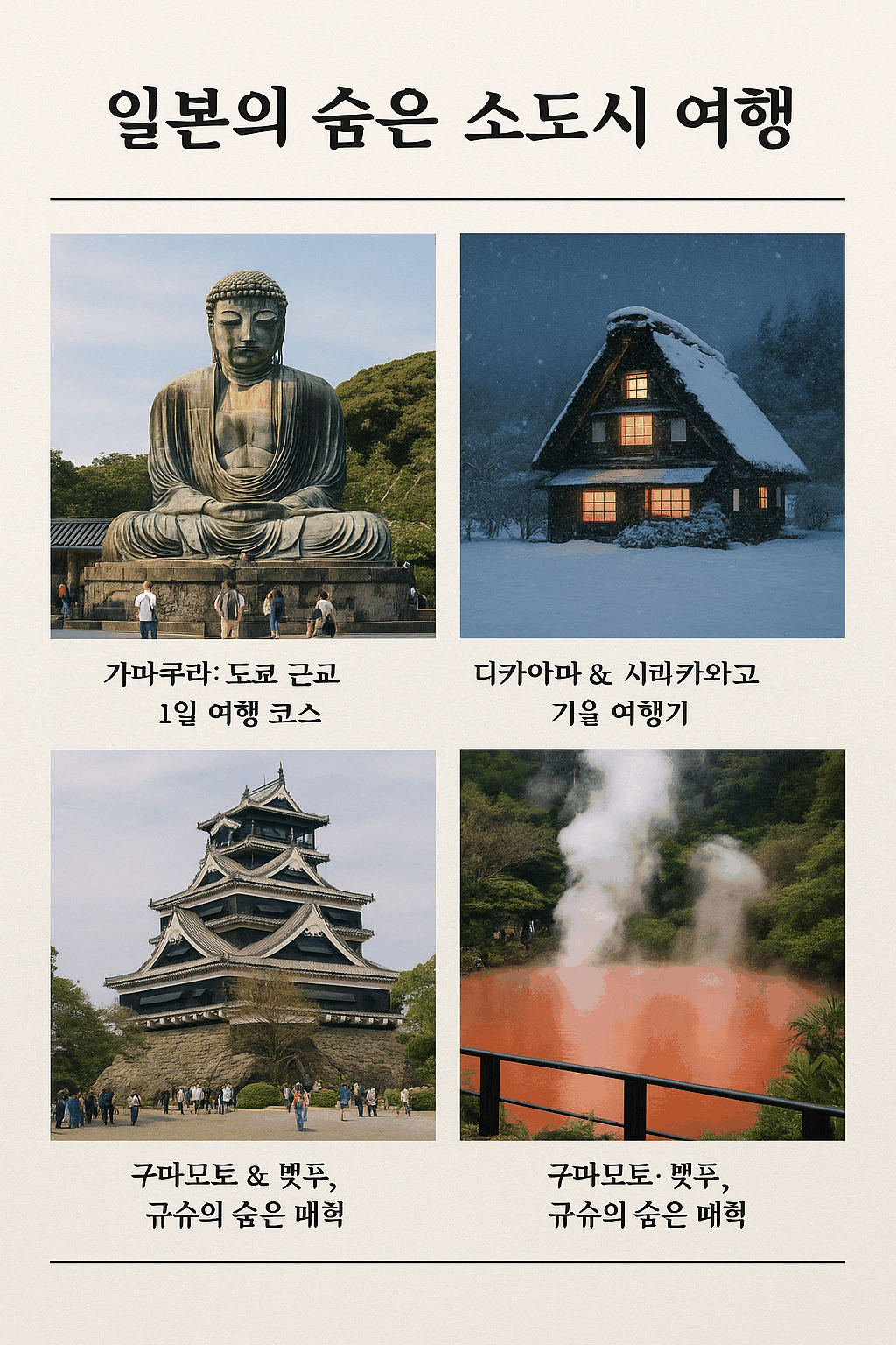일본의 숨은 소도시인 가마쿠라, 시라카와고, 구마모토, 벳푸의 대표 풍경을 담은 여행 사진