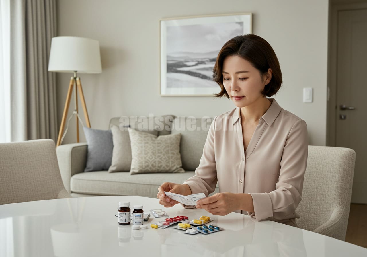 40대 한국 여성이 집 거실에서 약물을 펼쳐놓고 점검하는 장면