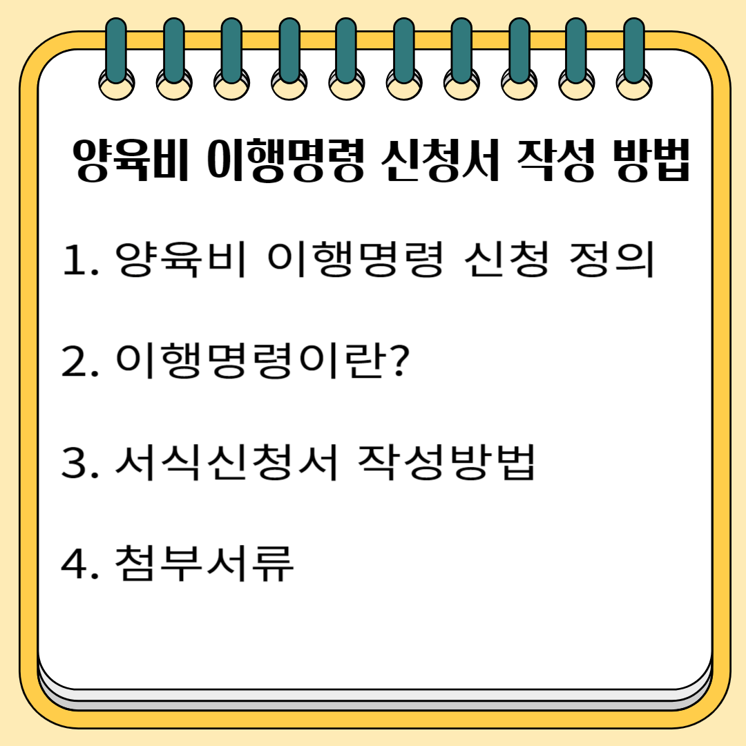 양육비 이행명령 신청서 작성방법 1.양육비 이행명령 신청의 정의 2.이행명령이란? 3.서식신청서 작성방법 4. 첨부서류