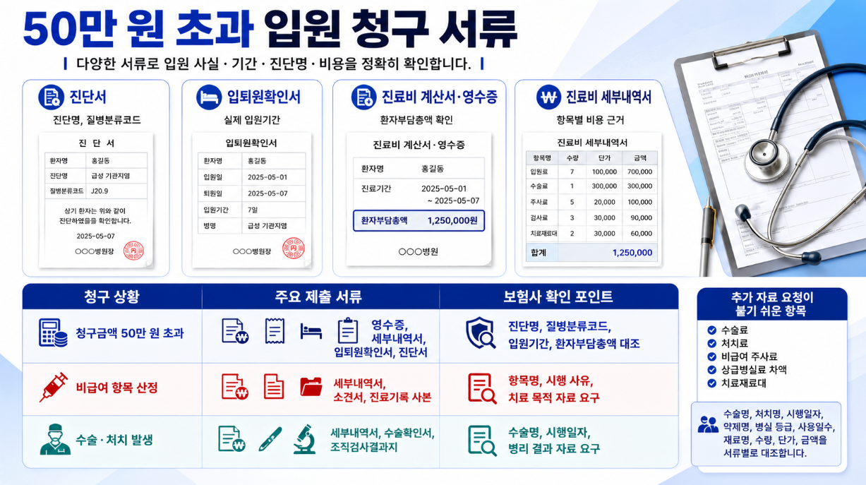 5. 50만 원 초과 입원 청구 시 진단서, 입퇴원확인서, 계산서, 세부내역서와 추가 자료 요청 항목을 설명한 가로형 인포그래픽