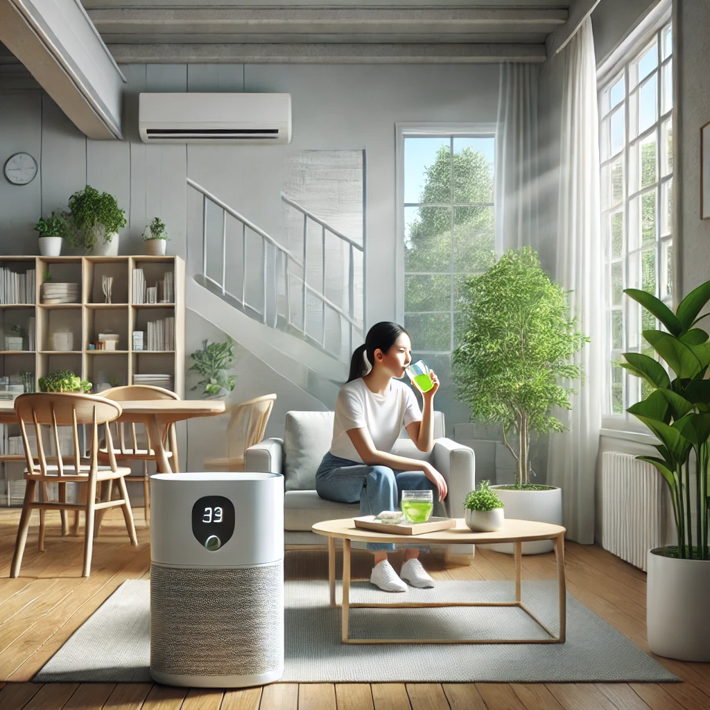 "봄철 알레르기 비염 완화를 위한 건강한 집안 환경. 공기청정기가 작동 중이며, 창문이 살짝 열려 신선한 공기가 순환되는 모습. 한 사람이 따뜻한 허브티를 마시며 알레르기 완화에 도움을 주는 생활 습관을 실천하는 장면. 미세먼지 제거, 꽃가루 차단, 환기, 실내 청정 유지 등 알레르기 예방을 위한 실내 환경 최적화."