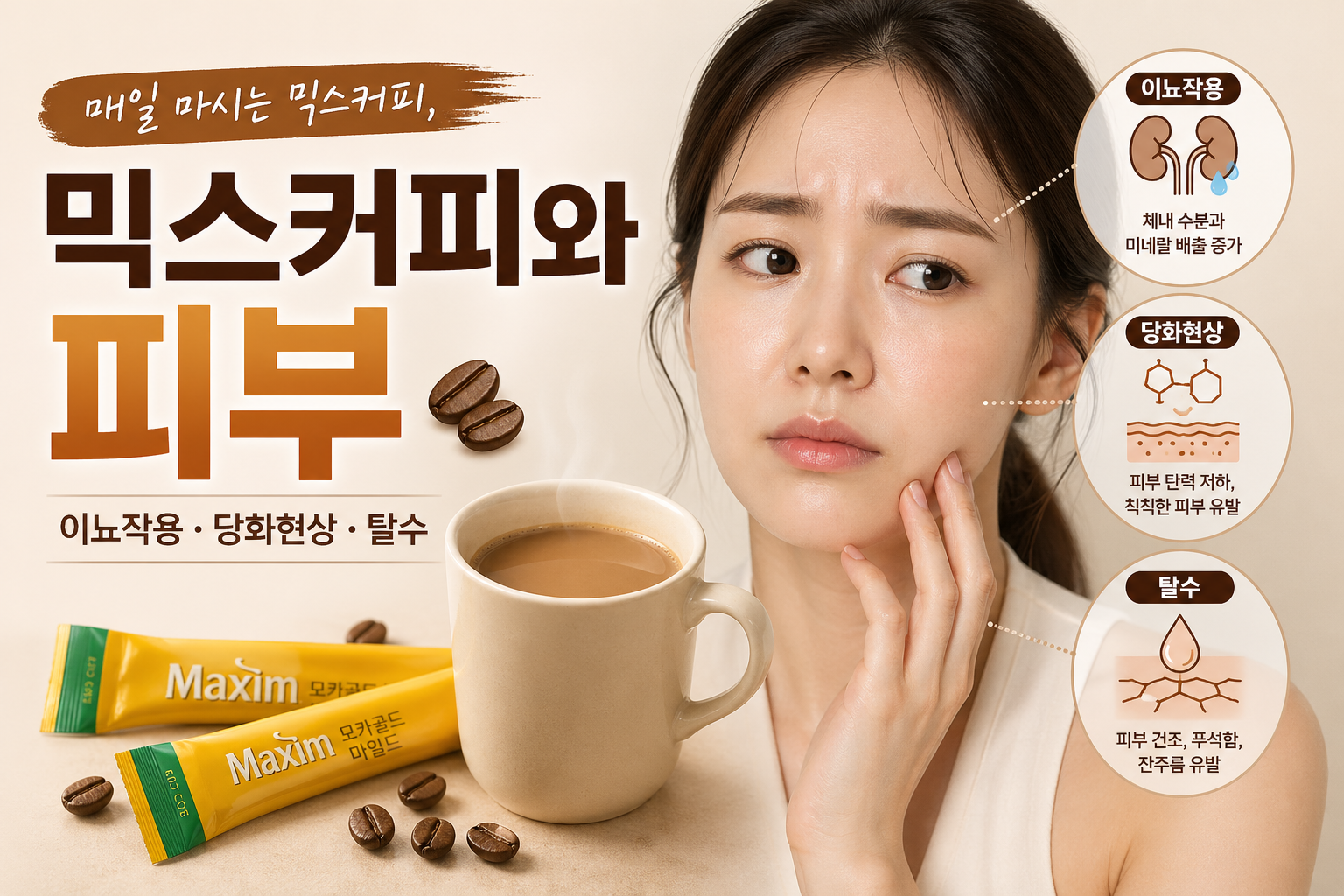 믹스커피와 피부(이뇨작용, 당화현상, 탈수)