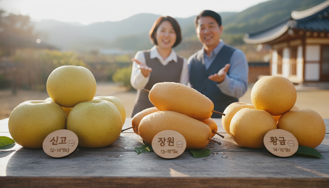 다양한 종류의 국내산 배(신고, 장원, 황금)가 놓여 있고, 각 품종의 당도를 보여주는 정보가 함께 표시된 모습.