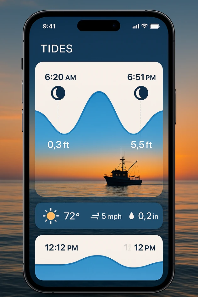 물때표 앱 화면을 보여주는 스마트폰 인터페이스와 바다 배경, 조석예보와 날씨 정보가 표시된 모바일 앱