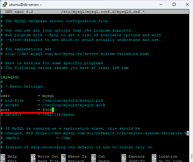 리눅스에서 MySQL 설정파일인 mysqld.conf를 수정하여 포트를 변경하는 예시