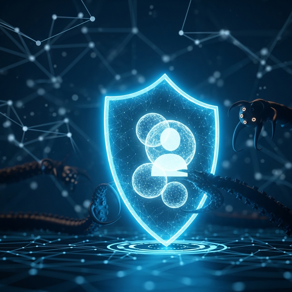 푸른빛 보호막이 개인 데이터를 지키는 미래의 안전한 디지털 환경, 온라인 개인 정보 보호의 중요성을 상징하는 이미지.