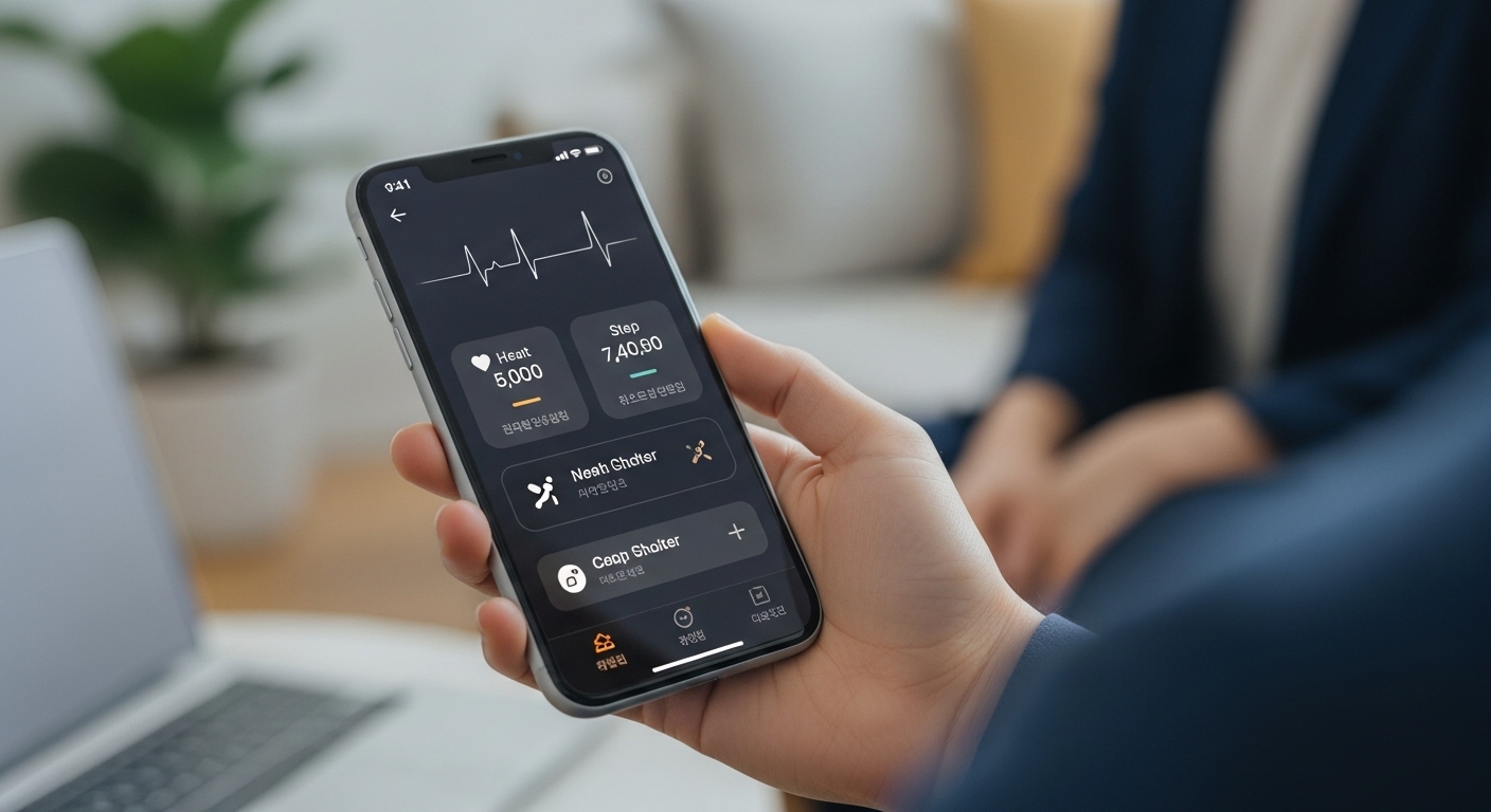 한국인이 스마트폰으로 AI 기반 질병 관리 앱을 사용하는 모습