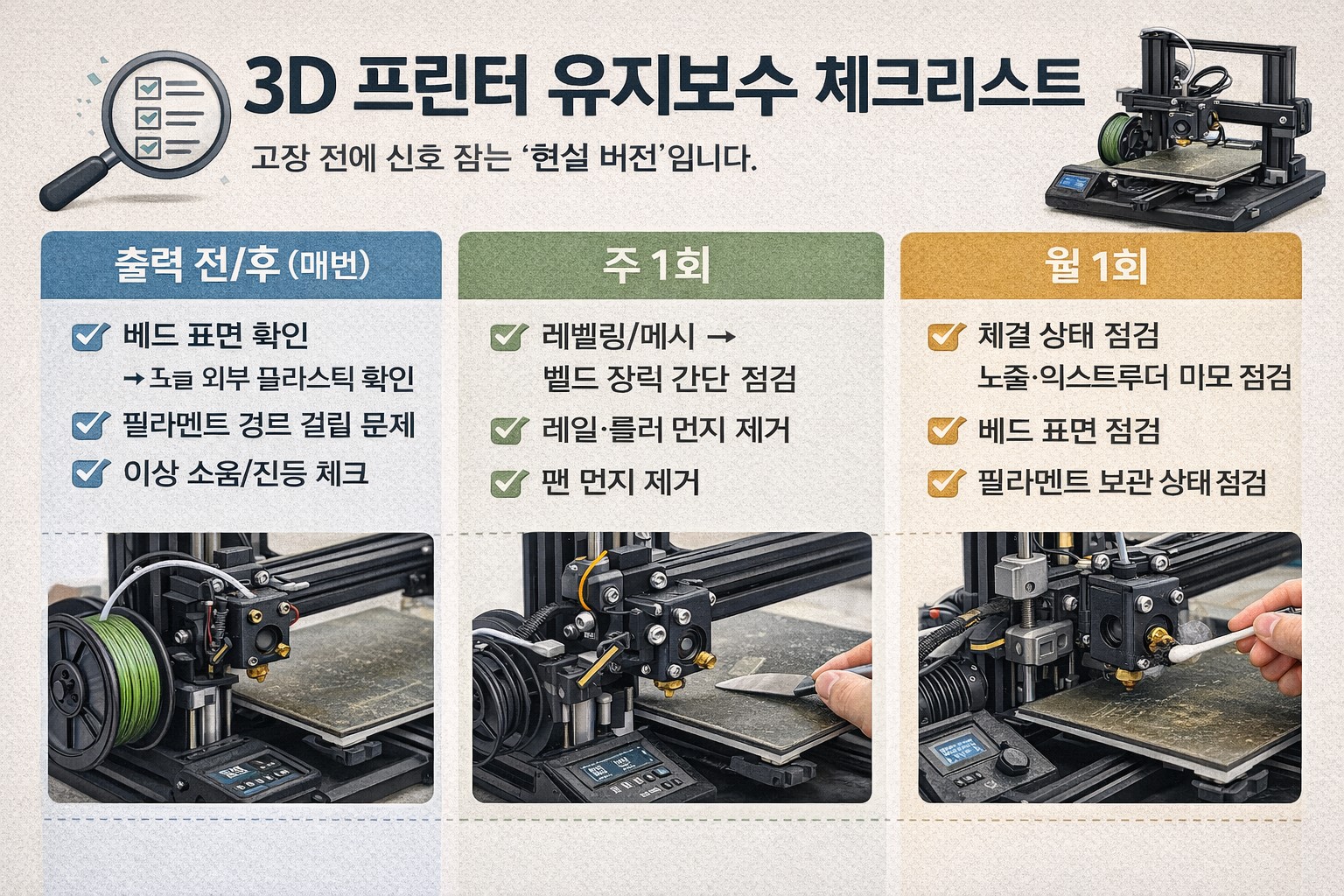 3D 프린터 유지보수 체크리스트와 점검 순서를 월간·주간·출력 전후로 정리한 인포그래픽 예시