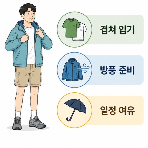 백두산의 빠른 날씨 변화에 대비해 방풍 겉옷과 우산을 준비하고 일정에 여유를 두는 여행자의 모습