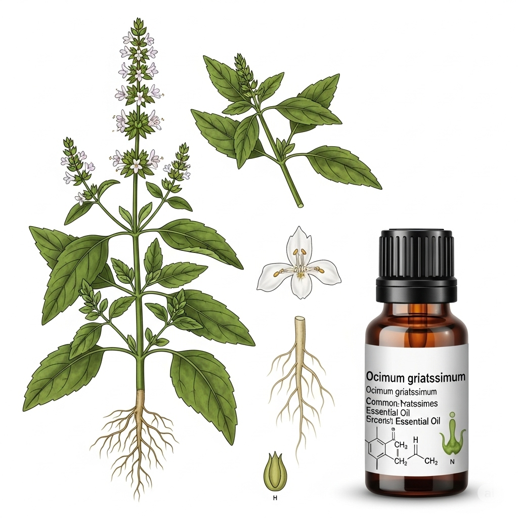 Ocimum gratissimum 식물의 잎, 꽃, 뿌리 및 에센셜 오일 병을 상세하게 묘사한 과학적인 그림