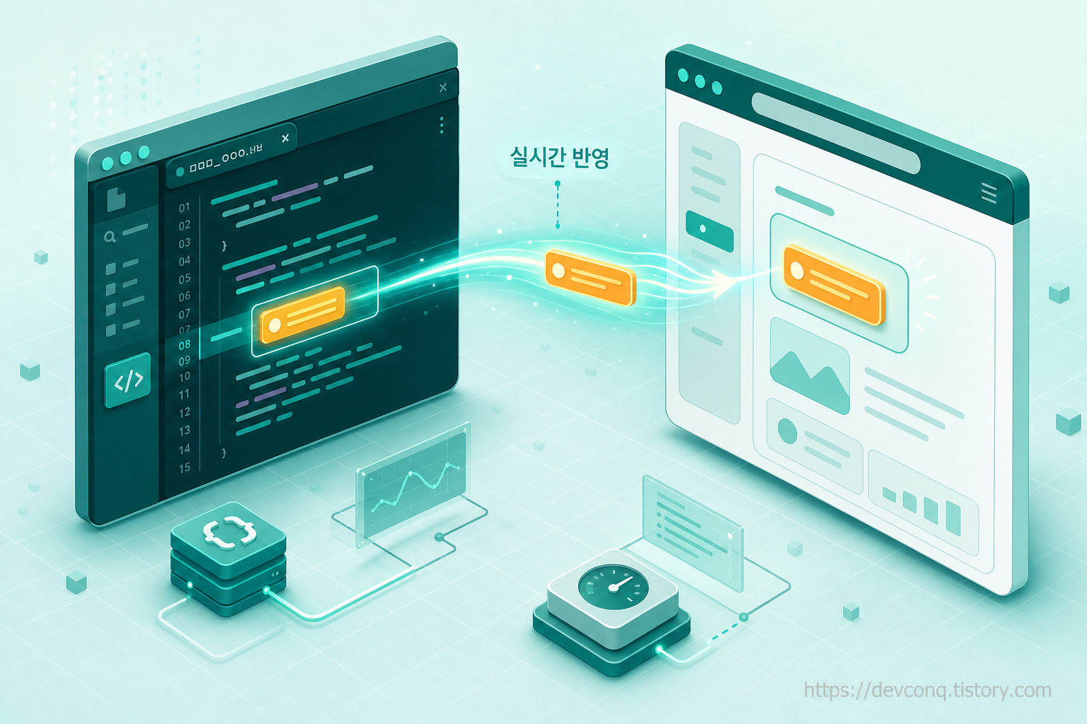 왼쪽 코드 창과 오른쪽 브라우저 화면이 선으로 이어져 수정이 실시간으로 흐르는 모습