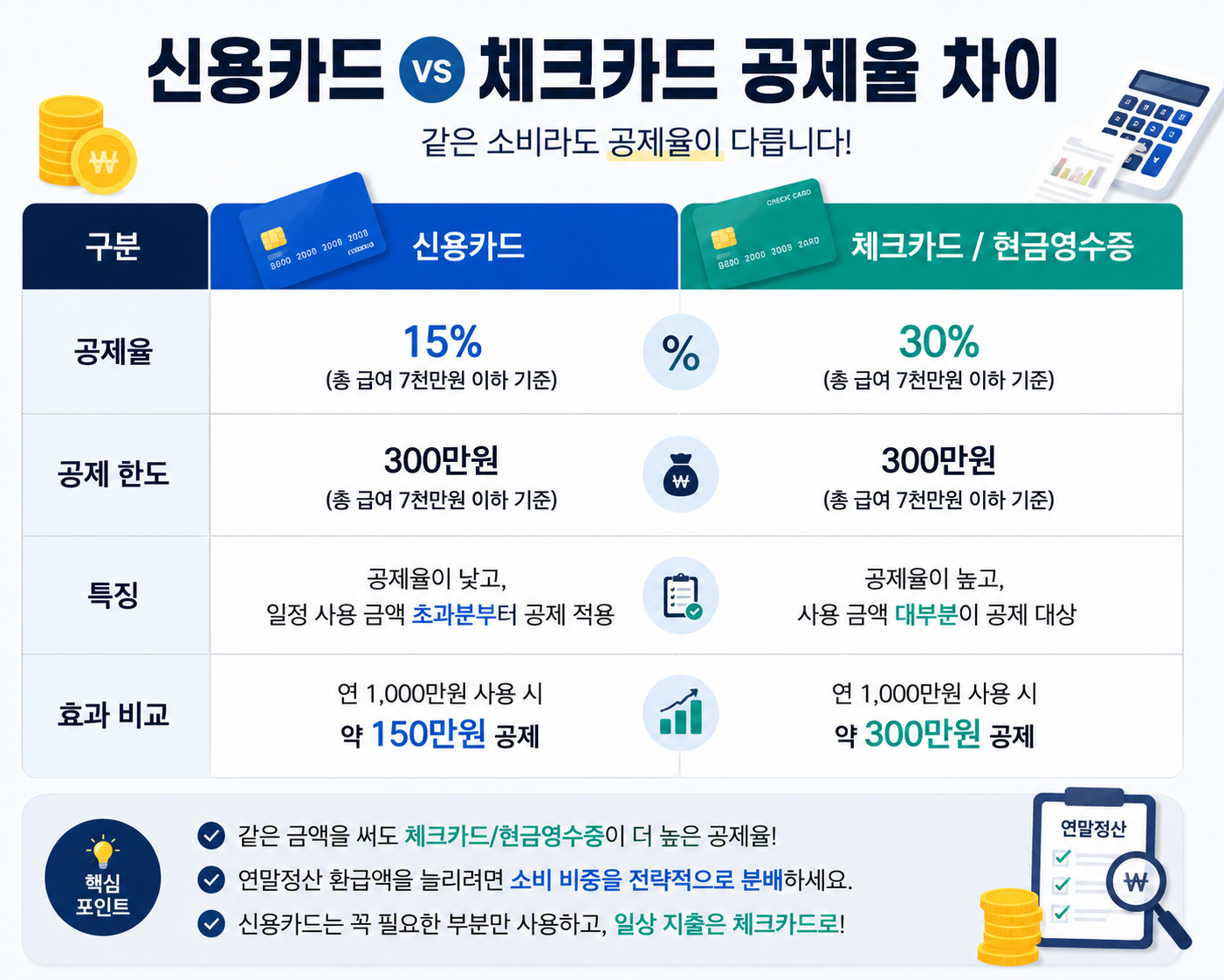 신용카드와 체크카드 공제율 차이를 비교한 인포그래픽