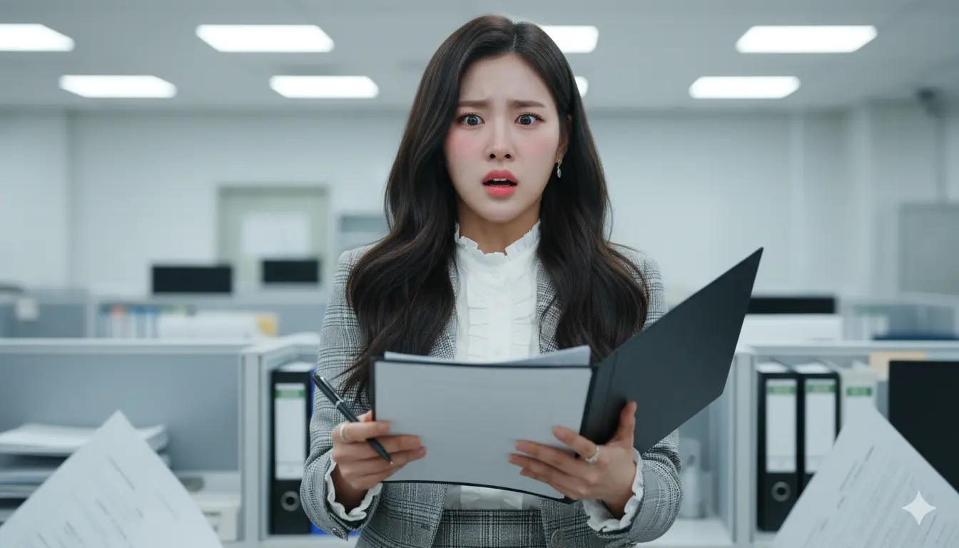 서류 제출을 잘못하여 놀란 여성 이미지