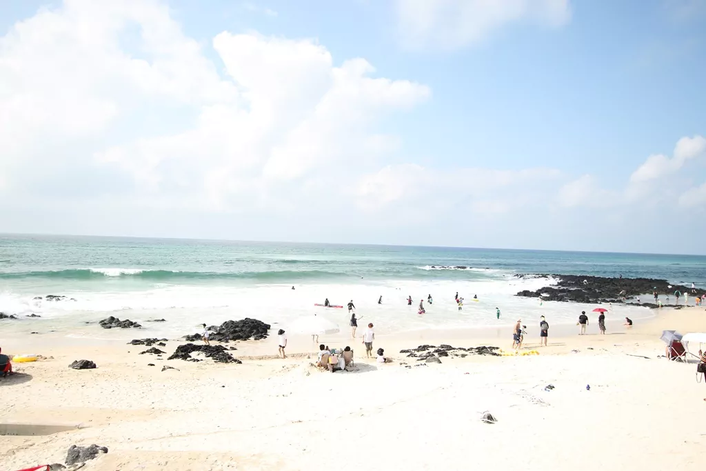 넓은 백사장과 에메랄드빛 바다가 펼쳐진 곽지해수욕장의 전경.