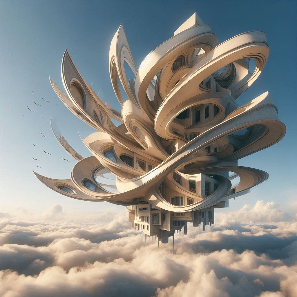 하늘에 떠다니는 뒤틀린 건축물, 살바도르 달리 초현실주의 스타일로, 중력을 무시하는 구조물, 꿈의 논리, 무한대 공간, 시간이 멈춘 세계