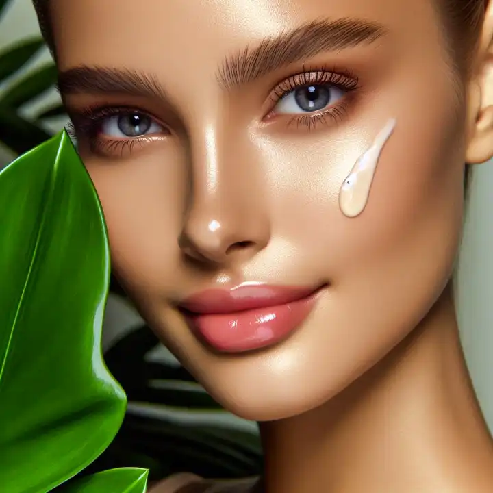 묽은 크림을 얼굴에 바른 아름다운 여자의 얼굴