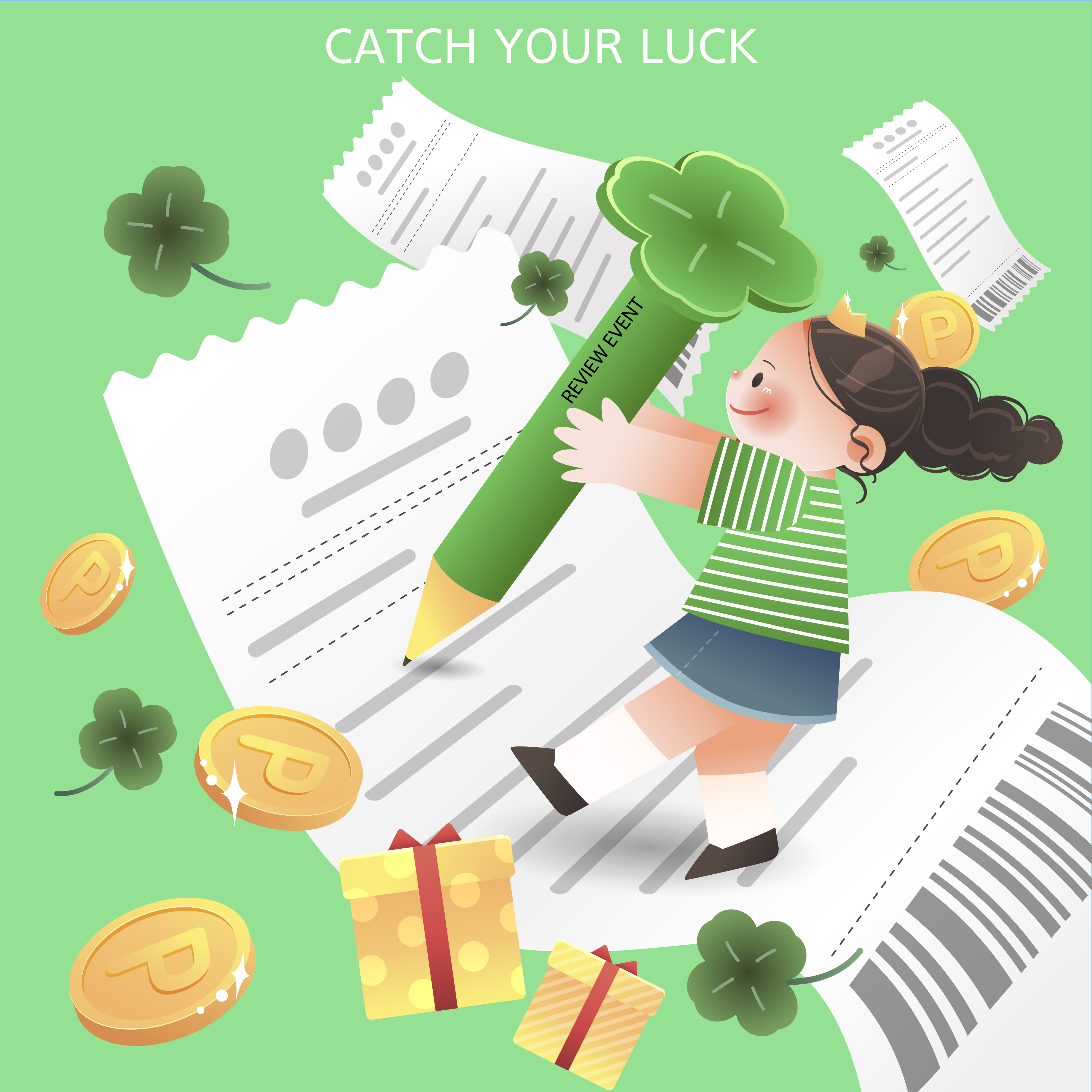 네잎클로버와 동전이 있는 배경에서 소녀가 큰 연필로 서류를 작성하며 행운과 당첨을 상징하는 일러스트