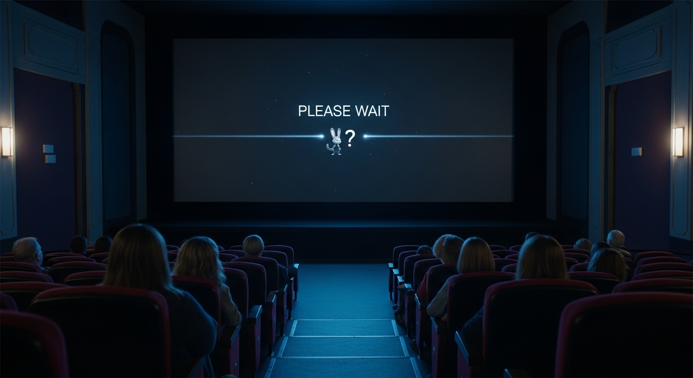 영화관 스크린에 주토피아2 엔딩 크레딧 이후 '잠시만 기다려주세요' 메시지가 뜨고 있습니다. 몇몇 관객들이 다음 쿠키 영상을 기다리며 좌석에 앉아있는 모습입니다.