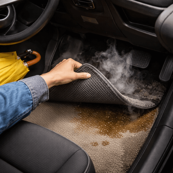 차량 실내 습기와 냄새 점검 장면