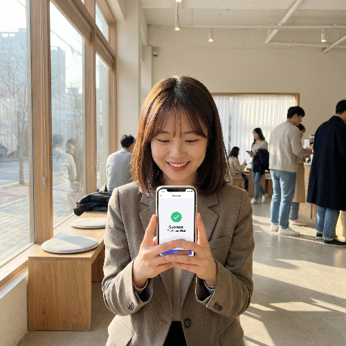 밝고 현대적인 카페에서 미소를 지으며 스마트폰을 확인하는 한국인 청년. 스마트폰 화면에는 국세청 손택스 앱의 신청 완료 메시지가 떠 있으며, 창가로 들어오는 부드러운 햇살이 따뜻하고 희망찬 분위기를 조성함. 정부 지원금을 통해 경제적 여유를 얻은 시민의 모습을 담은 시네마틱 8k