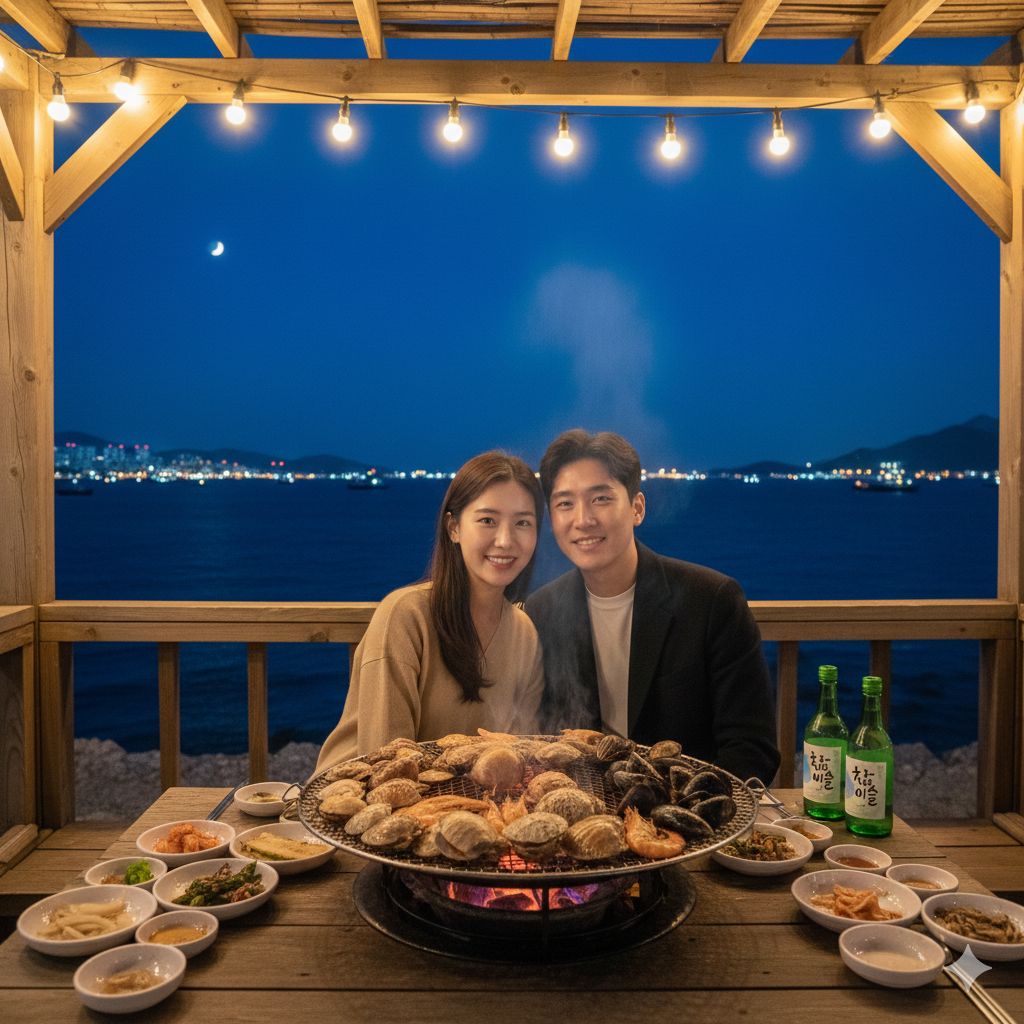 영종도 구읍뱃터 야외 테라스에서 즐기는 조개구이와 서해 밤바다 풍경