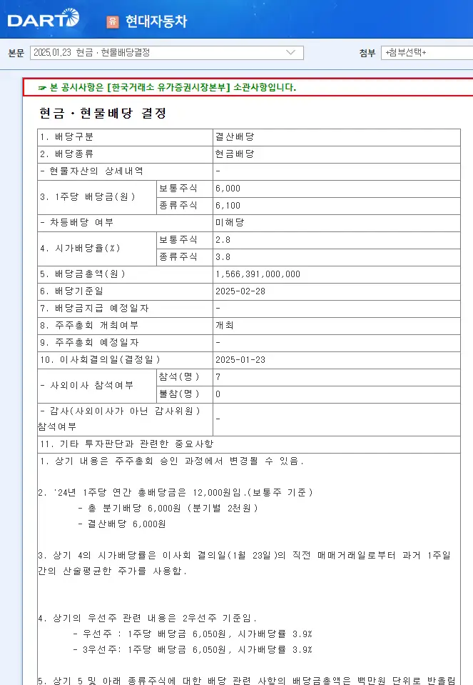 현대차 2025년 배당일 배당금