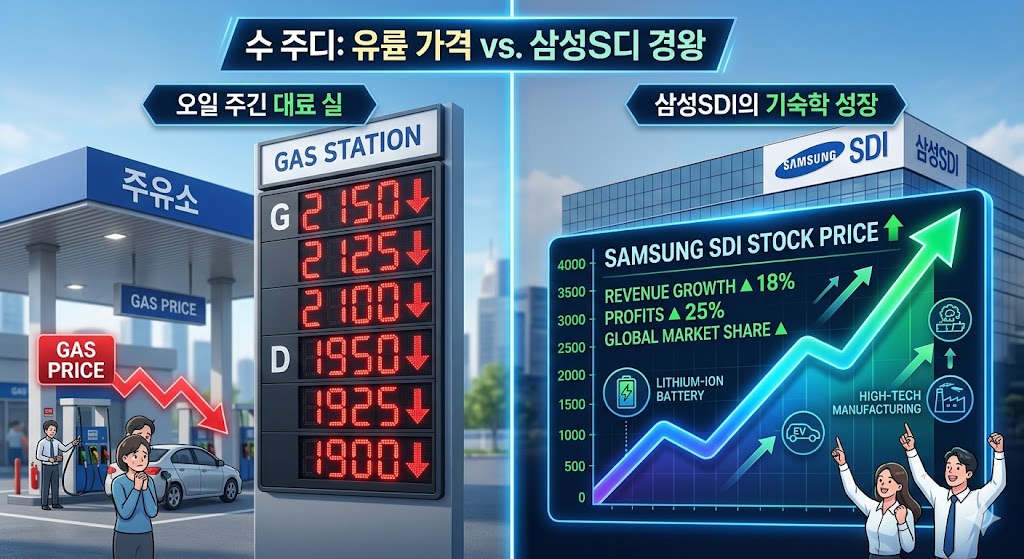 주유소의 유가 표시판 숫자가 내려가는 모습과 대비되는 삼성SDI의 우상향 주가 차트 인포그래픽