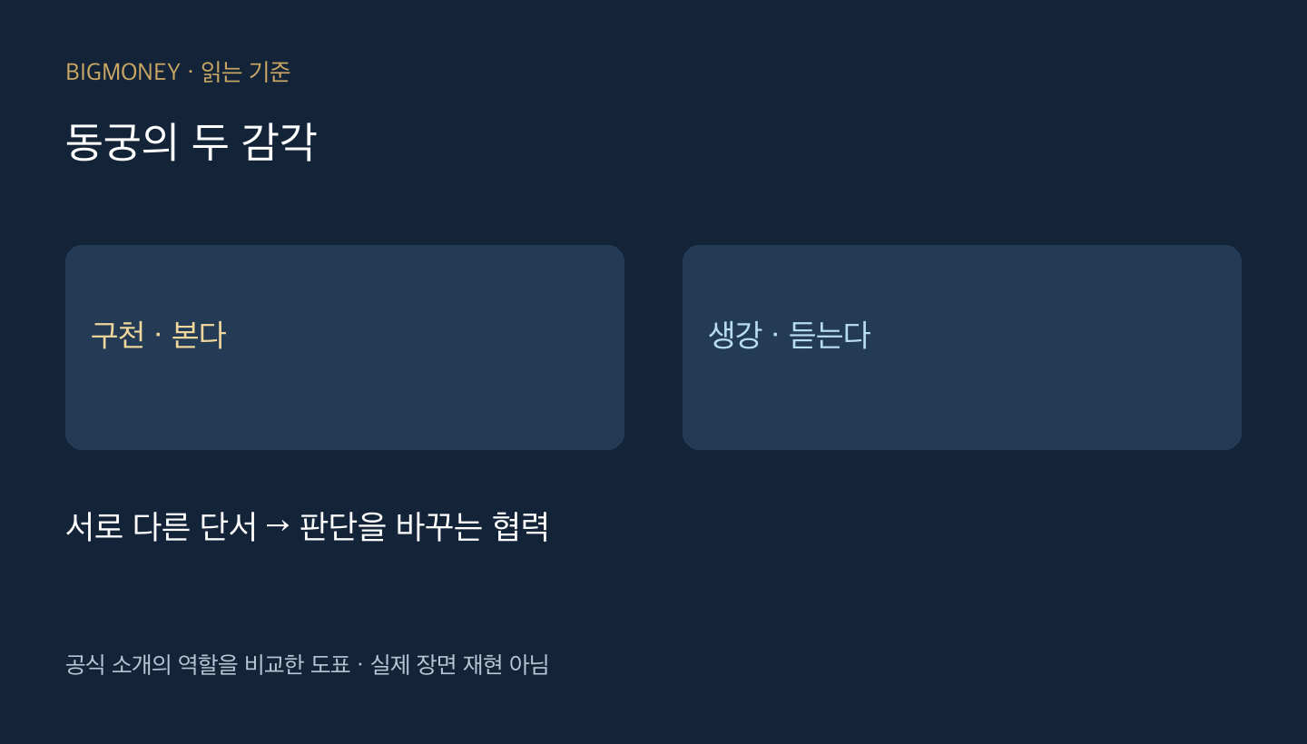 구천의 시각과 생강의 청각을 서로 다른 단서로 비교한 자체 도표