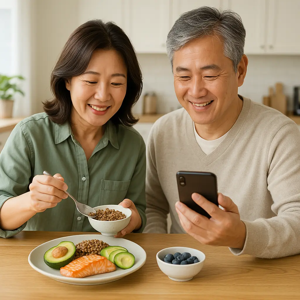 Healthy seniors planning a slow aging diet with grains, salmon, and vegetables – 저속노화 식단을 계획하는 중년 부부
