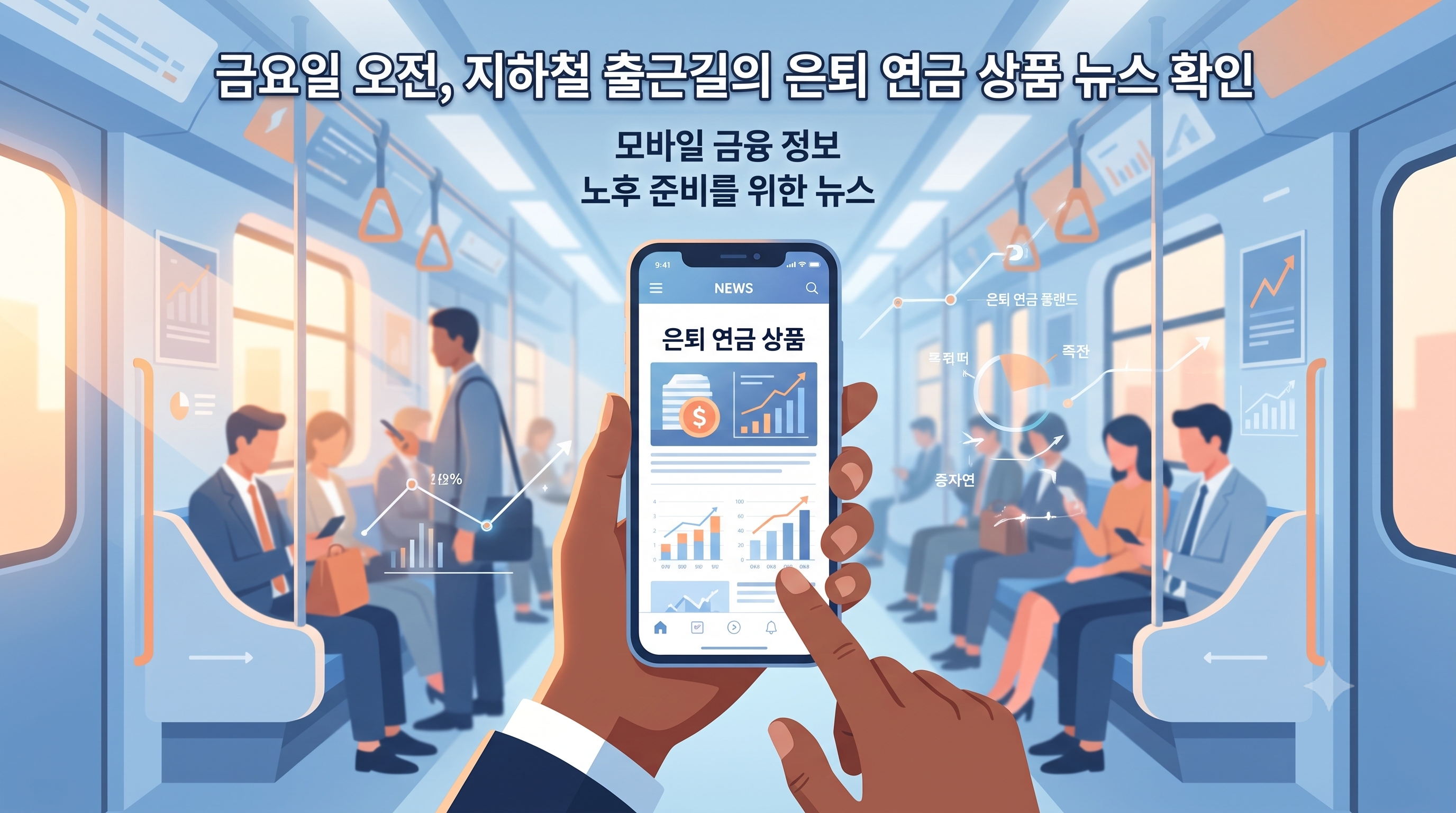 금요일 아침 출근길 지하철에서 스마트폰으로 퇴직연금 신상품 뉴스를 확인하는 직장인의 손, 미니멀 하이테크 금융 일러스트