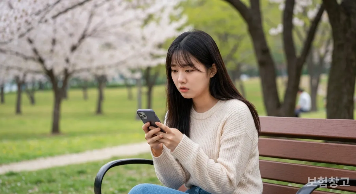 공원 벤치에 앉아 스마트폰으로 보험 정보를 검색하며 걱정하는 젊은 한국인 여성